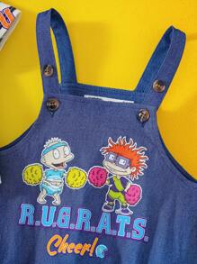Nick 90s X SHEIN Set da 2 pezzi per bebè maschio: Maglietta a maniche corte con stampa a righe nere e lettere colorate, pantaloni salopette effetto jeans blu
