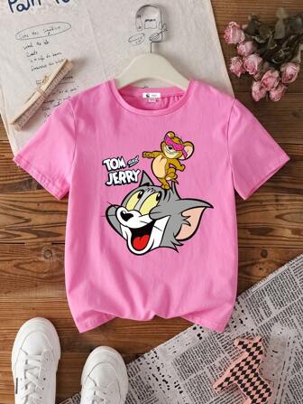 TOM & JERRY X SHEIN Tween Mädchen Cartoon & Letter Print Kurzarm-T-Shirt, Sommer