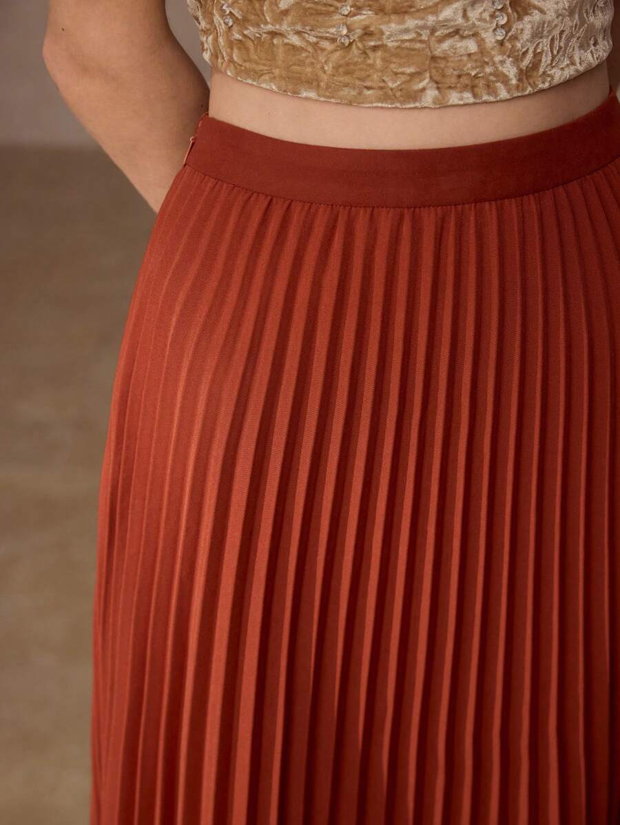 MOTF PREMIUM COLORBLOCK PLEATED SKIRT - Rust Brown - View 2