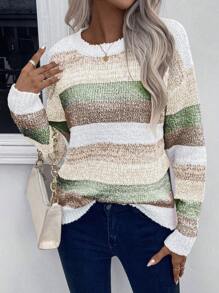 Chiquease Mixed Color Block Crew Neck Casual Pullover Long Sleeve Sweater Knit Pullover Fall Winter Outfit - Multicolor - View 1