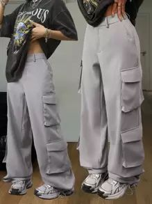 SHEIN EZwear Women's Spring/Summer Cargo Streetwear Casual With Pockets Cuffed Straight Pants - Grey - View 1