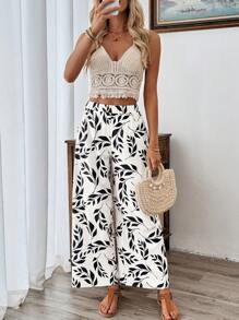 Breezaya Pantalones anchos de estilo casual con estampado de hojas, de estilo europeo y americano