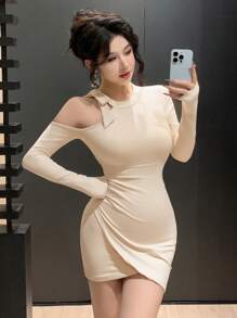 DAZY Abito mini donna con fascia frontale e vita annodata, color albicocca, abito monospalla primaverile/autunnale, abito bianco da laurea, abito stile contadino, abito a maniche lunghe - Albicocca - Visualizzare 6