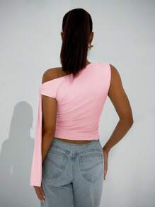 SHEIN BAE Women Asymmetrical Neck Tie Shoulder Casual Blouse, Elegant Club Party & Night Out, Suitable For Autumn Pink - Coral Pink - View 2