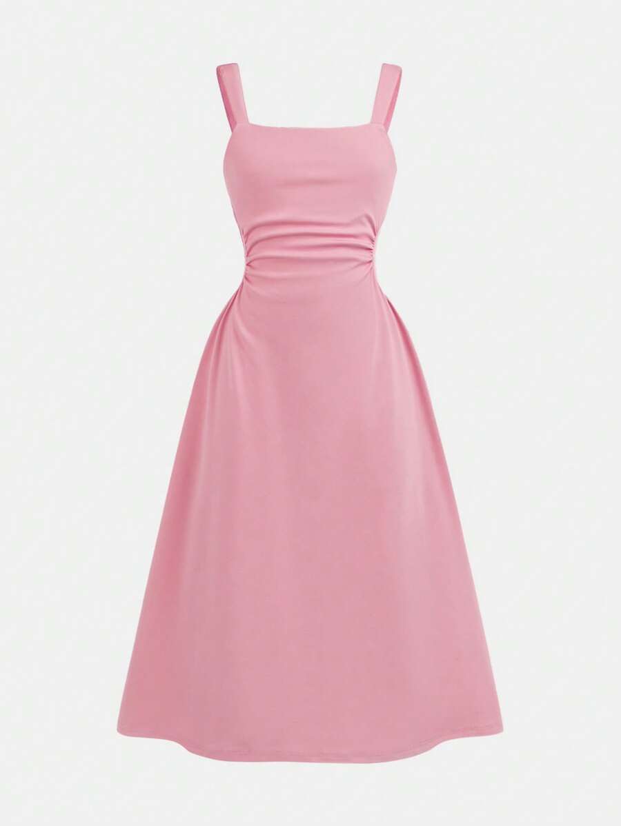 SHEIN Gaun Midi Camisole Elegan Kasual Berkerah Persegi Warna Polos untuk Remaja Perempuan - Baby Pink - View 1