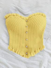 Soleia Plus Size Women's Spring White Knitted Tube Top With Pearl Buttons, Romantic Undershirt - Mustard Yellow - View 3