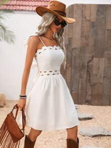 SHEIN LUNE Women's White Summer Cute Vacation Holiday Mini Dress,Classy Elegant Hollow Out Spaghetti Strap Sun Dresses,Bridal Shower Graduation Tea Party Outfit - White - View 6