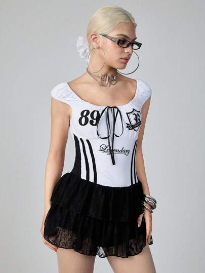 ROMWE Avant Casual College Sports Ballerina Style Lace Cake Short Dress For Women