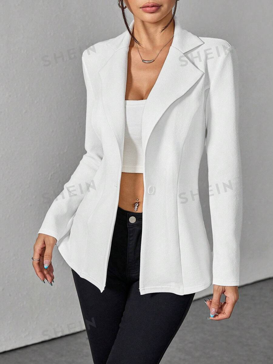 SHEIN PETITE Blazer de solapa con un solo botón para uso en la oficina, casual de negocios para mujer en otoño/invierno
