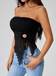 SHEIN PETITE Lettuce Trim Drawstring Sides Asymmetrical Hem Asymmetrical Two Pieces Top - Navy Blue - View 6