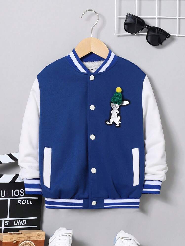 Young Boy Cartoon Graphic Hat Patched Striped Trim Varsity Jacket
