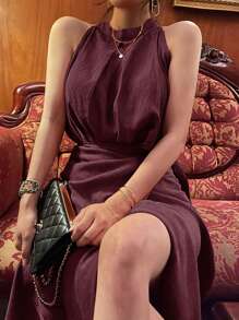 DAZY Bộ 2 món/bộ áo chui đầu cổ tròn trơn cho nữ và váy, xuân/hè - Màu Đỏ Sâu - Xem 2