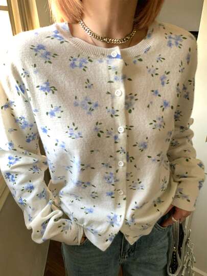INAWLY Women's Ditsy Floral Long Sleeve Single-Breasted Casual Lightweight Cardigan