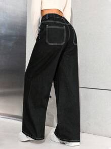 SHEIN Teen Girl Navy Blue Loose Wide-Leg Jeans - Black - View 2