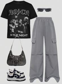 SHEIN Ensemble oversize à épaules tombantes t-shirt à manches courtes hip-hop et pantalon cargo ample à jambes larges plissées pour adolescentes