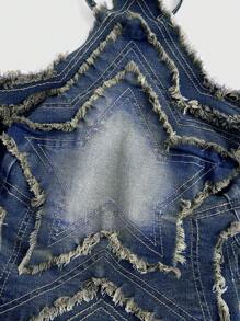 ROMWE Grunge Punk Punk Distressed Vintage Five-Pointed Star Patch Washed Denim Shirt, Outdoor Adventure - Blue - View 3