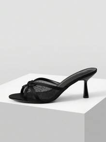 MOTF PREMIUM ROUND TOE MESH BOW DECOR HIGH HEEL SANDALS FOR CHRISTMAS SPRING SHOES SUMMER SHOES - Black - View 3