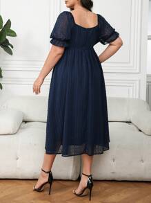 SHEIN Clasi 大码女式褶皱泡泡袖 A 字型优雅连衣裙 - 藏蓝色 - 查看 2