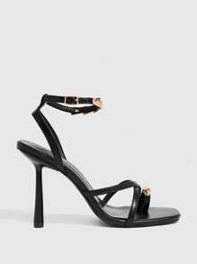 CUCCOO SZL Fashionable Black Metal Ring Ankle Strap Sandals With Metal Decoration, Sexy Square Toe Slim High Heels, Suitable For Commuting, Dating, Party, Wedding, Holiday For Christmas - Black - View 3