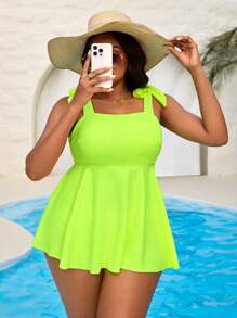 SHEIN Slayr CURVE Plus Size Women's 2 Pieces Set: Bandeau Tankini Top With Textured Neon Green Fabric And High-Waisted Briefs Bottom, Slimming A-Line Swim Dress, Casual & Stylish Swimwear For Beach Resort