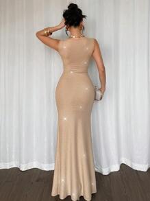 Chiquease Women's Metallic Thread Scoop Neck Drawstring Waist Bodycon Maxi Dress - Khaki - View 2