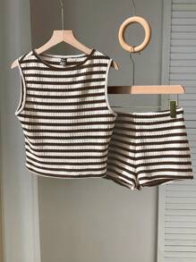 SHEIN EZwear 棕米条纹两件套休闲套装，简约时尚，适合夏季 - 棕色 - 查看 1