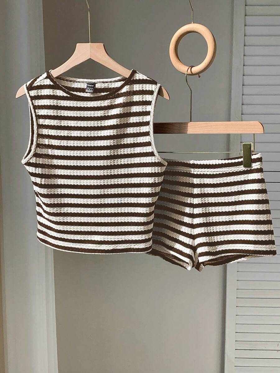 SHEIN EZwear 棕米条纹两件套休闲套装，简约时尚，适合夏季 - 棕色 - 查看 1