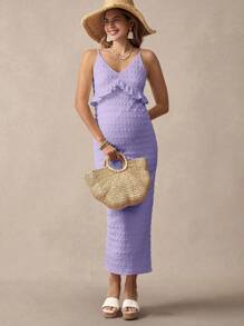 Boho Mama Vestido de embarazada de unicolor con parches, volantes y ajustado elegante de largo midi, vestido apropiado para baby shower en verano - Lila Púrpura - Ver 3