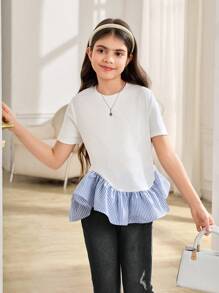 T-shirt manches courtes à col rond, ourlet asymétrique volantécontre-couché, couleur unie, style casual et élégant, pour filles préadolescentes, idéal pour la rentrée scolaire - Blanc - Voir 8