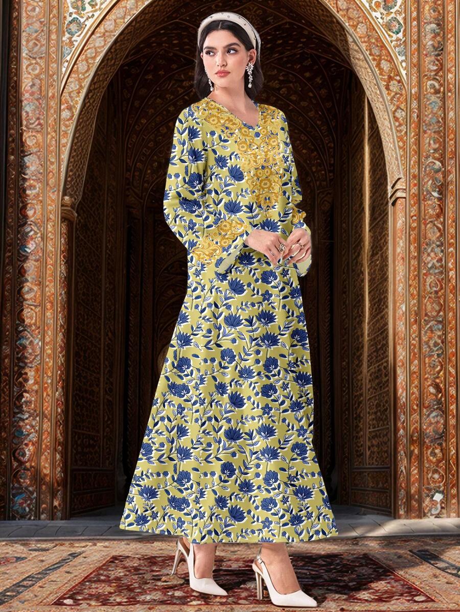 Al Najma Modest Floral Print V-Neck Long Sleeve Women Arabic Style Dress, Suitable For Spring & Summer - Yellow - View 1