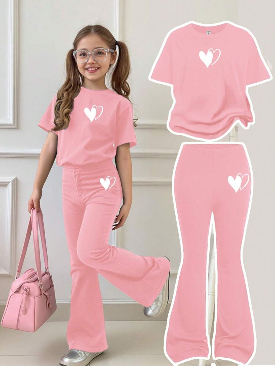SHEIN Tween Girls' Casual Minimalist Short Sleeve Top And Long Pants 2 Pieces Set, Suitable For Summer - Pink - View 1