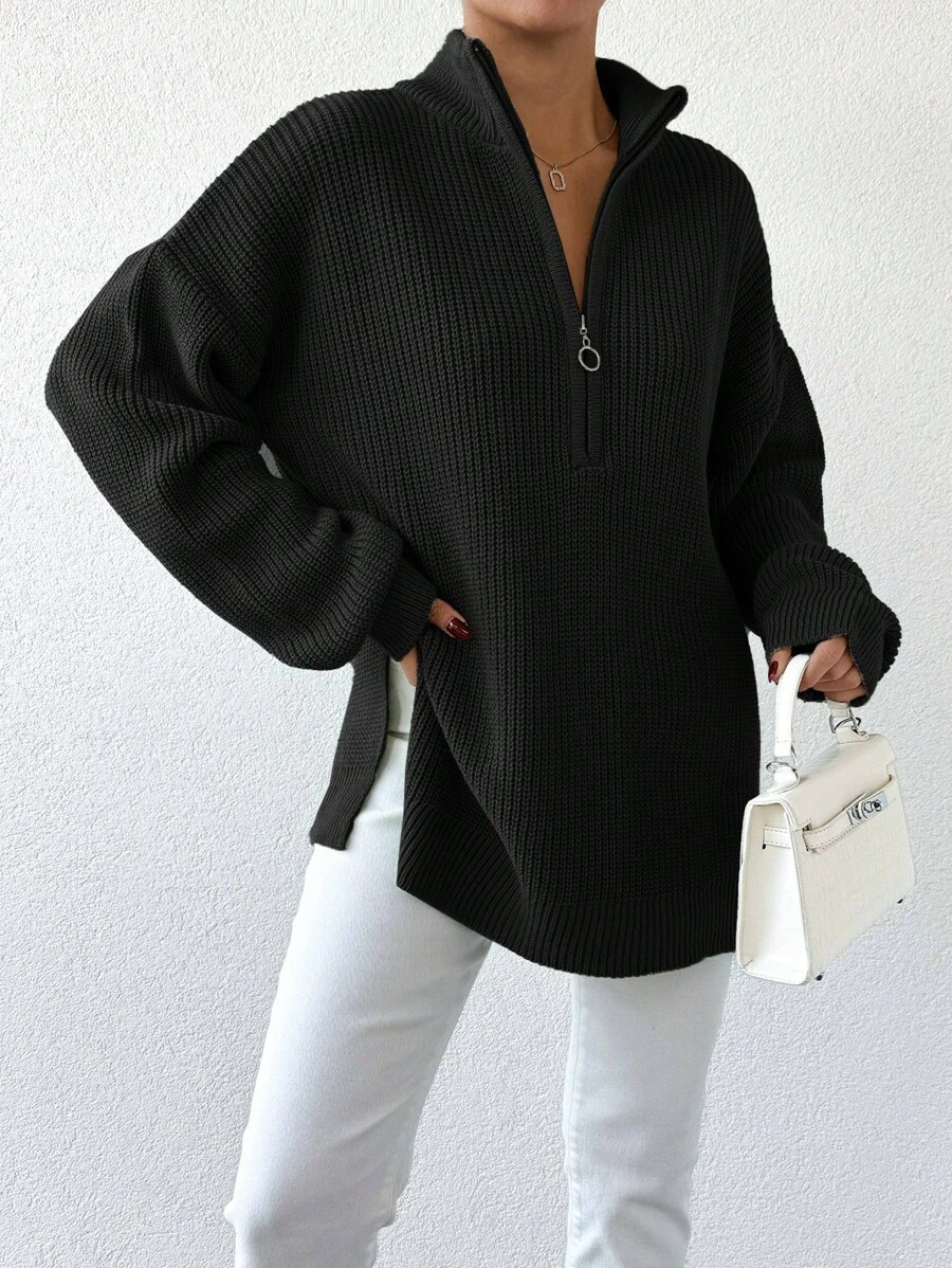 EURMUSE Women's Zippered Half Placket Drop Shoulder Long Sleeve Sweater - Black - View 1