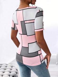 SHEIN LUNE 女士性感优雅色块格子印花 T 恤 - 粉色 - 查看 2