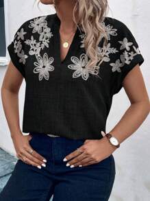 SHEIN LUNE 大码女式编织休闲常规夏季衬衫 - 黑色 - 查看 5