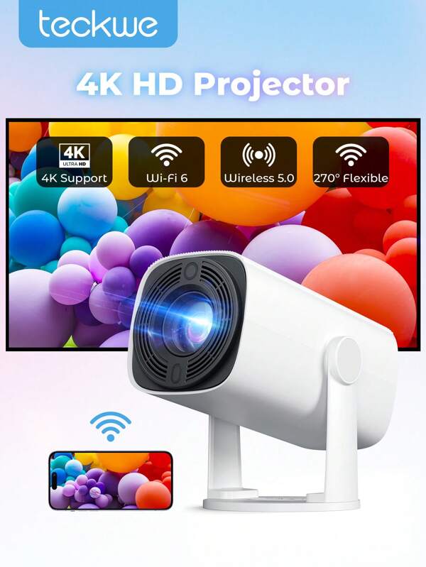 Teckwe 4K HD Projector,Compact And Elegant Design,Supports 1080*720P Decoding For Home Theater Experience