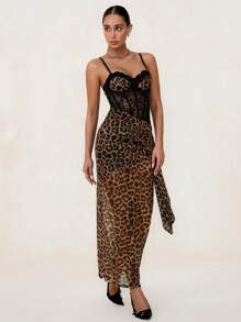 Glamine 性感优雅蕾丝豹纹不对称腰部透视鱼骨褶皱细节单肩带长裙女式超长女装 - 彩色 - 查看 7