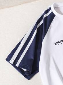 SHEIN Explorewe 2 件套女孩青少年休闲运动装，搭配字母印花 T 恤和运动短裤，适合休闲、春夏 - 寶藍色 - 查看 7