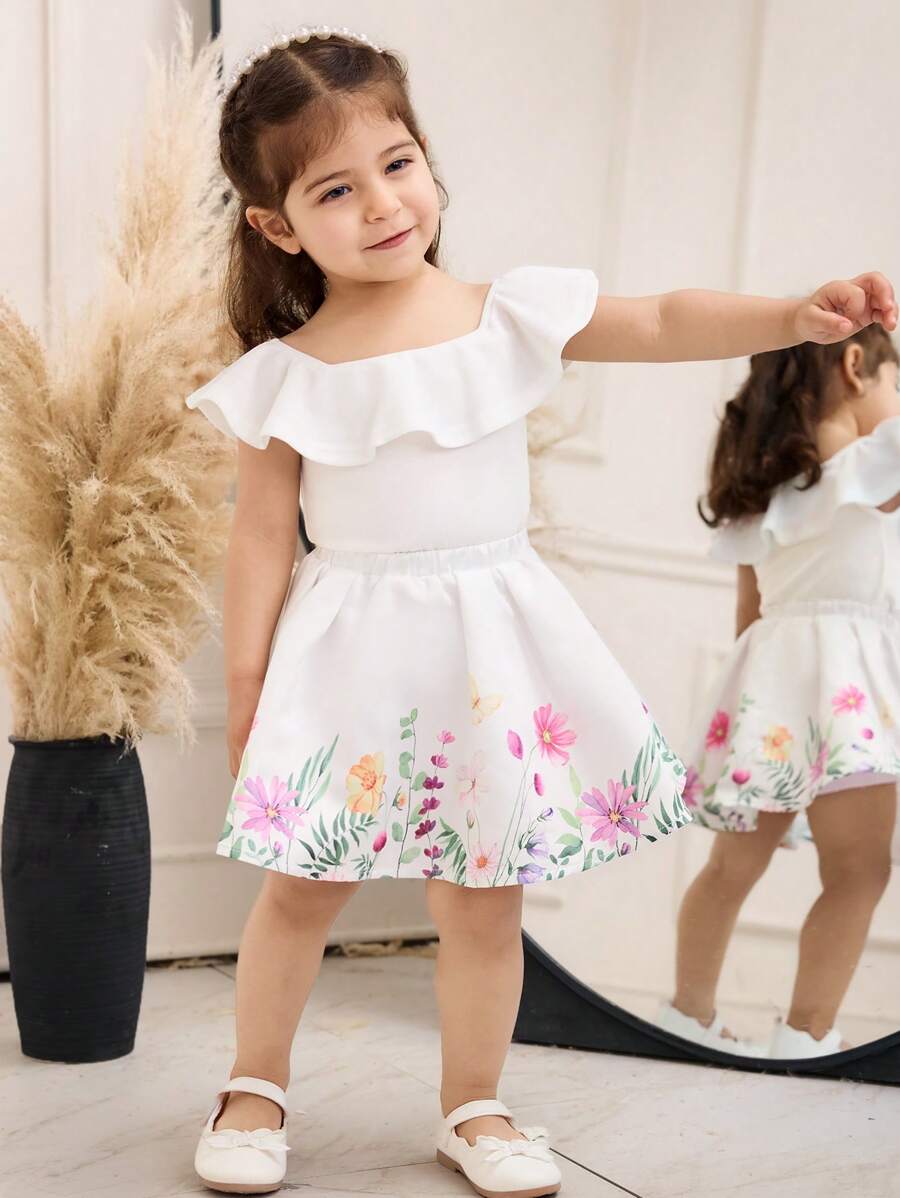 SHEIN 女婴夏季情人节缎面花卉图案露背上衣和迷你裙两件套