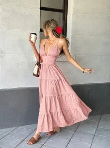 Pariaura Halter Contrast Hem Loose Pink Dress, Casual Resort Style For Women - Dusty Pink - View 6