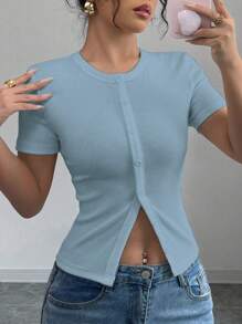 Gloray 法式性感修身圆领纯色装饰纽扣短款 T 恤女士