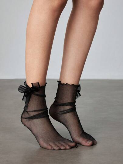 ROMWE Kawaii Calcetines de mujer hasta la pantorrilla con decoración de lazo y detalles brillantes