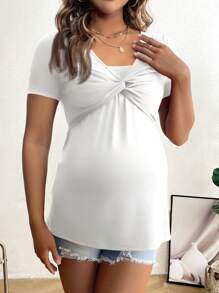 SHEIN Maternity & Nursing Solid Color Twist Front Short Sleeve Top, For Summer