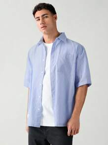 SWAVVY 男士字母拼布单排扣休闲梭织短袖宽松蓝色衬衫 - 藏蓝色 - 查看 6