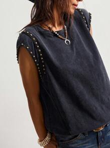 Bohemela Áo thun dệt kim rộng rãi đính đinh tán màu trơn phong cách lễ hội âm nhạc cổ điển mùa hè dành cho nữ - màu đen - Xem 5