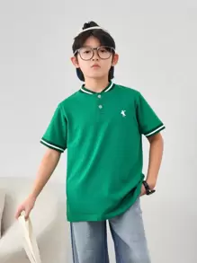 SHEIN Tween Boys Casual Fashion Small Horse Print Ribbed Collar Short Sleeve Polo Shirt