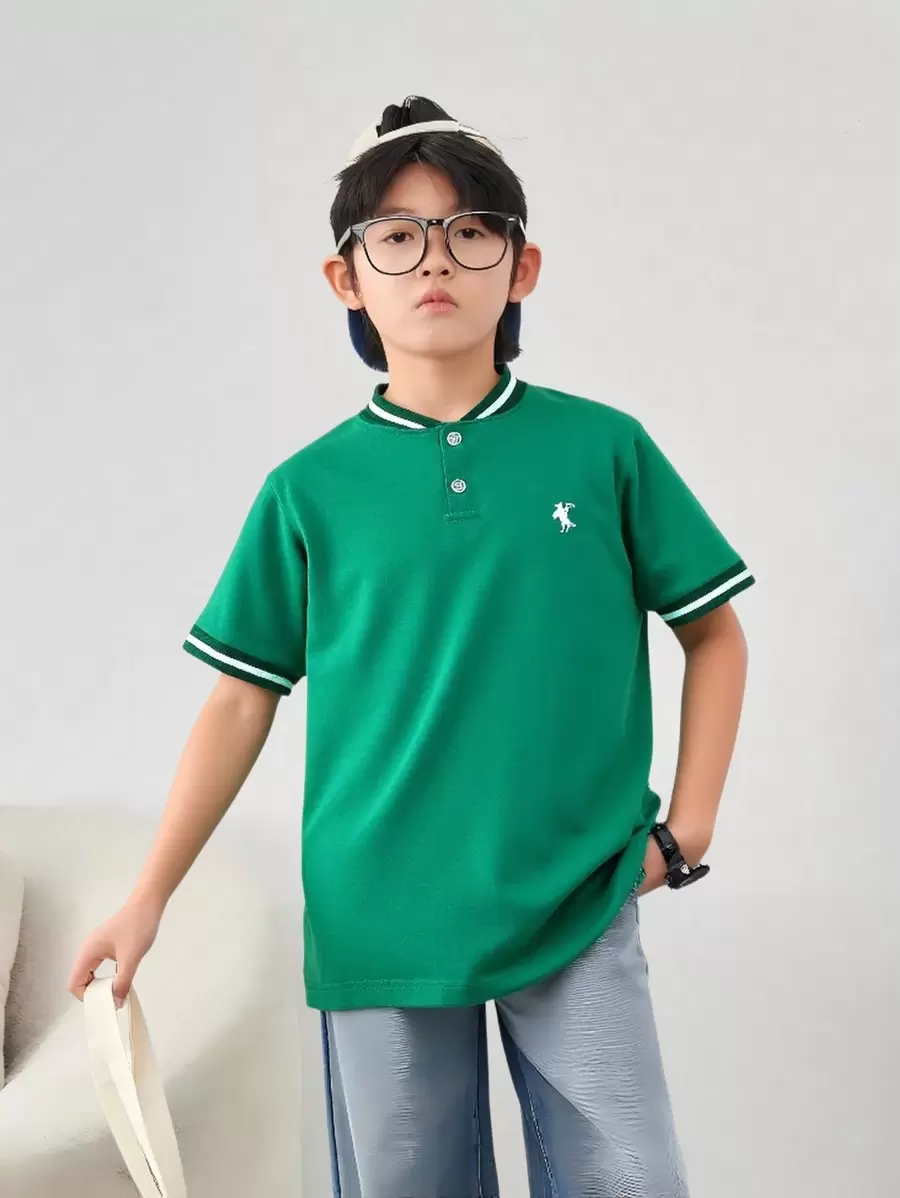 SHEIN Tween Boys Casual Fashion Small Horse Print Ribbed Collar Short Sleeve Polo Shirt