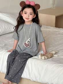 Dazy Kids Conjunto de camiseta de manga corta de punto de cuello redondo y pantalón largo de unicolor para niñas, para primavera/verano - Gris - Ver 1