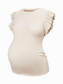 SHEIN Maternity Solid Color Round Neck Cap Sleeve Casual Ribbed T-Shirt - Khaki - View 3