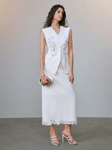 Arave 梭织平纹松紧腰无袖珍珠镂空刺绣优雅职业女性两件套西装套装春夏季 - 杏色 - 查看 7