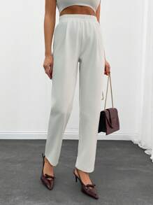 EURMUSE ELASTICAL MID WAIST PLEATED STRAIGHT LONG PANT - White - View 3